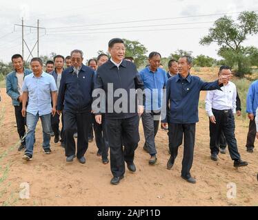 Beijing, China's Gansu Province. 21st Aug, 2019. Xi Jinping, general secretary of the Central Committee of the Communist Party of China, Chinese president and chairman of the Central Military Commission, visits the Babusha Forest Farm, an afforestation area, and learns about the efforts and progress in desertification control in Gulang County, northwest China's Gansu Province, Aug. 21, 2019. Credit: Xie Huanchi/Xinhua/Alamy Live News Stock Photo