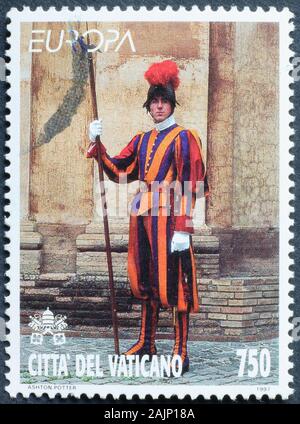 Pontifical Swiss Guard on vatican postage stamp Stock Photo