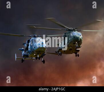 AgustaWestland AW159 Wildcat AH1 and AgustaWestland EH101 Merlin HC3 helicopters hover side by side in front of a dark cloud of smoke Stock Photo