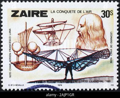Flying machines projected by Leonardo on postage stamp Stock Photo
