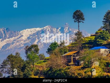 mountain range views behind terrace farms in Nagarkot, Nepal Stock Photo