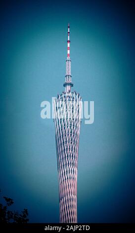 Canton TV Tower stand alone against blue sky background with bubble tram on the top. Guangzhou.Highest building landmark in china Stock Photo