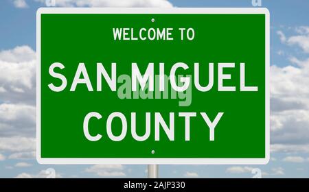Rendering of a green 3d highway sign for San Miguel County Stock Photo