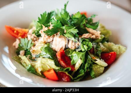 A delicious tuna fish salad is served in a elegance restaurant or hotel. Stock Photo