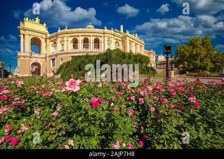 Opera house with roses garden on foreground in Odessa, Ukraine Stock Photo