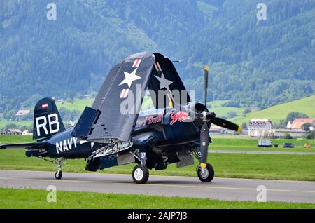 Zeltweg, Austria - July 1st 2011: marine aircraft fighter Chance-Vought F4U „Corsair“ with fold up wings by airshow - named airpower11 Stock Photo