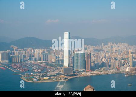 Skyline of Hong Kong, city aerial view from Victoria Peak on sunny day Stock Photo