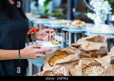 A various cereal buffet with different sweet bakery in a restaurant or hotel. Stock Photo