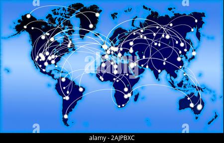 Global communications illustration with data travelling around the world on a map Stock Photo