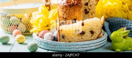 Slice of easter orthodox sweet bread, kulich end quail eggs. Stock Photo