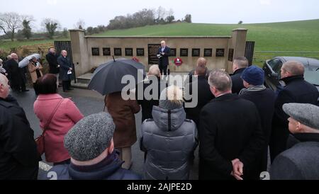 Pastor Barrie Halliday speaking at the Kingsmill memorial service at the scene of the atrocity in Co Armagh. Stock Photo