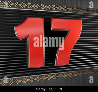 Red number 17 (number seventeen) with golden symbols endless knot. 3D illustration Stock Photo