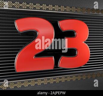 Red number 23 (number twenty-three) with golden symbols endless knot. 3D illustration Stock Photo