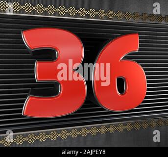 Red number 36 (number thirty-six) with golden symbols endless knot. 3D illustration Stock Photo