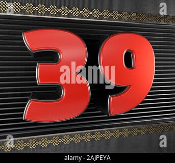 Red number 39 (number thirty-nine) with golden symbols endless knot. 3D illustration Stock Photo