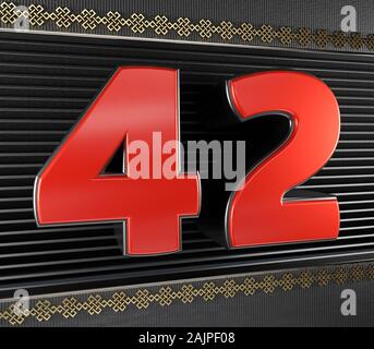 Red number 42 (number forty-two) with golden symbols endless knot. 3D illustration Stock Photo