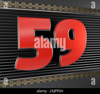 Red number 59 (number fifty-nine) with golden symbols endless knot. 3D illustration Stock Photo