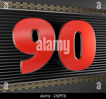 Red number 90 (number ninety) with golden symbols endless knot. 3D illustration Stock Photo