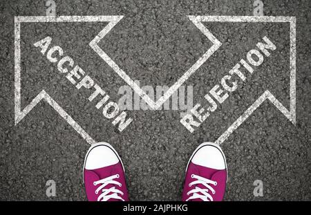 Acception Or Rejection Decision At Crossroad. Approved or Disapproved, Yes and No, Right or Wrong Destination Stock Photo