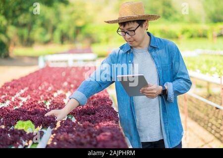 Portrait of young smart farmer using digital tablet computer for inspecting. using technology in agriculture field application in agricultural growing Stock Photo