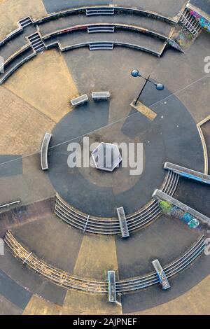 Overhead Ramps Aerial view of the concrete skatepark in Clissold Park with graffiti ...