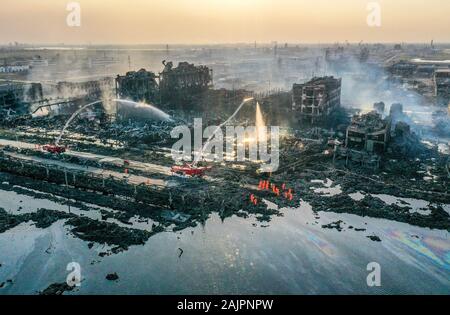 Beijing, China. 23rd Mar, 2019. Aerial photo taken on March 23, 2019 shows the site of a chemical plant blast in Xiangshui County of Yancheng, east China's Jiangsu Province. Credit: Li Bo/Xinhua/Alamy Live News Stock Photo