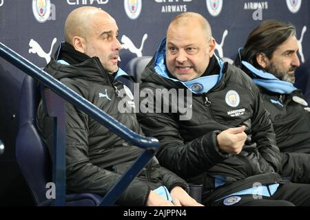 Manchester, UK. 4th January, 2020. Manchester City Manager Josep 'Pep' Guardiola at the Etihad Stadium, home to Manchester City FC. Stock Photo