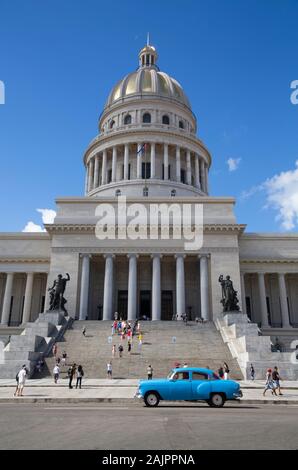 Capitol Building with Classic Old Car, Old Town, UNESCO World Heritage Site, Havana, Cuba Stock Photo