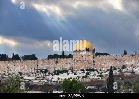 Golden Gate and Golden Dome two religieus holy Landmarks of Jerusalem captured in one image. Stock Photo