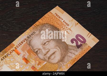 Twenty South African Rand Banknote with Nelson Mandela Portrait, 20 ZAR Bill of the Currency Stock Photo