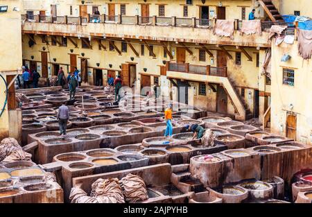 Fes, Morocco - November 12, 2019: Traditional tannery in ancient medina Stock Photo