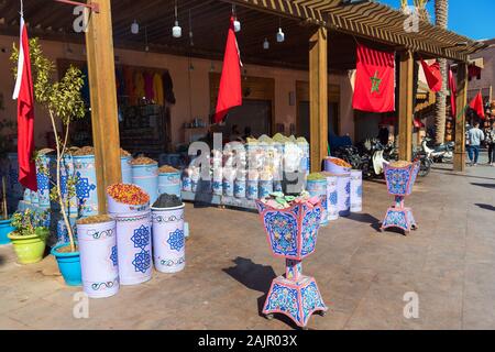 Marrakesh, Morocco - November 15, 2019: Dry herbs and flowers at the local market. With selective focus Stock Photo