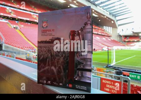 Anfield, Liverpool, Merseyside, UK. 5th Jan, 2020. English FA Cup Football, Liverpool versus Everton; today's match programme on the Kop prior to the match - Strictly Editorial Use Only. No use with unauthorized audio, video, data, fixture lists, club/league logos or 'live' services. Online in-match use limited to 120 images, no video emulation. No use in betting, games or single club/league/player publications Credit: Action Plus Sports/Alamy Live News Stock Photo