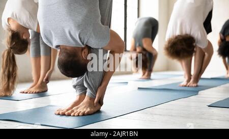 People practicing yoga at group lesson, standing in uttanasana pose Stock Photo