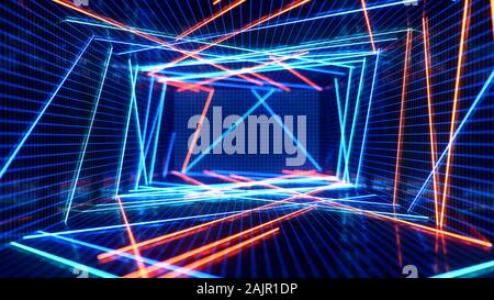 Abstract blue and red interior with neon light. Fluorescent lamp. Futuristic architecture background. 3d illustration of neon lamps that illuminate Stock Photo