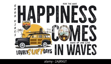 Surfing badge design. Outdoor adventure logo with camping travel quote - Happiness comes in waves. Included retro woodie surf car and wanderlust Stock Photo