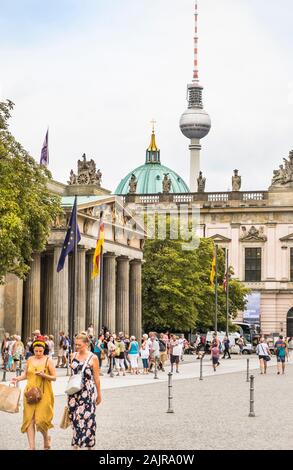 street scene in front of neue wache, new gardhouse, berlin cathedral and television tower in background Stock Photo