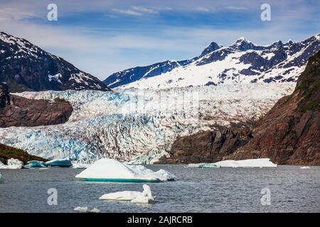 Juneau, Alaska. Mendenhall Glacier Viewpoint with icebergs in the lake. Stock Photo