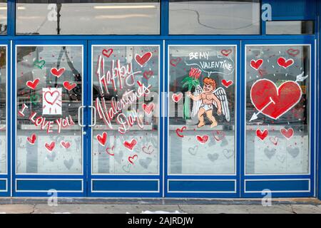 Valentines day window display in gift shop at Coney Island