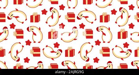 Christmas seamless pattern. Cute funny cartoon penguin. Arctic animals. New Year. Gift in a box.. Stock Photo