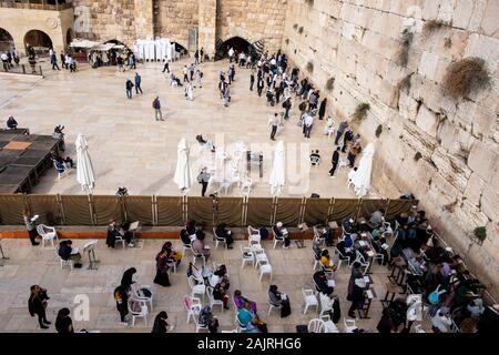 Western Wall or The Wailing Wall, showing the wall that segregates men from women praying Stock Photo