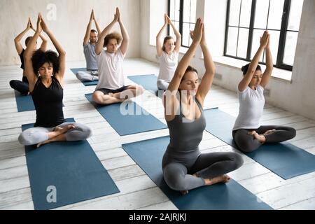 Group yoga lesson, diverse people practicing yoga, doing Padmasana exercise Stock Photo