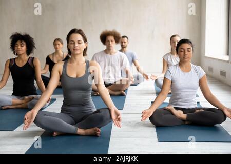 Diverse young people meditating at group lesson, practicing yoga Stock Photo