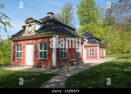 Red cavalier houses in the park of Fredensborg palace in Denmark Stock Photo
