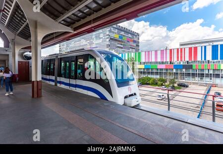 Moscow, Russia - July 8, 2019: Moscow public urban transport. Train arrival on Teletsentr station of the Moscow monorail road Stock Photo