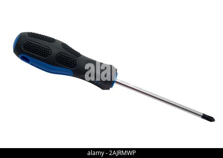 Top view blue and black handled short crosshead screwdriver. Isolated on white background with clipping path Stock Photo