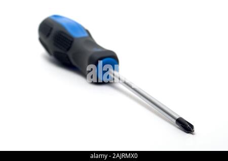 Metal cross tip screwdriver with the rubber blue handle isolated on white background Stock Photo