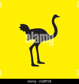 The silhouette of an ostrich bird stands on a yellow isolated background. Vector image Stock Vector