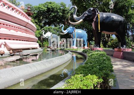 Elephant Statues Surround the Pink Pedestal of the Erawan Museum in Bangkok Stock Photo
