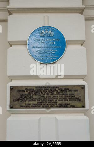 Nancy, Lady Astor, Blue Plaque, Plymouth UK Stock Photo